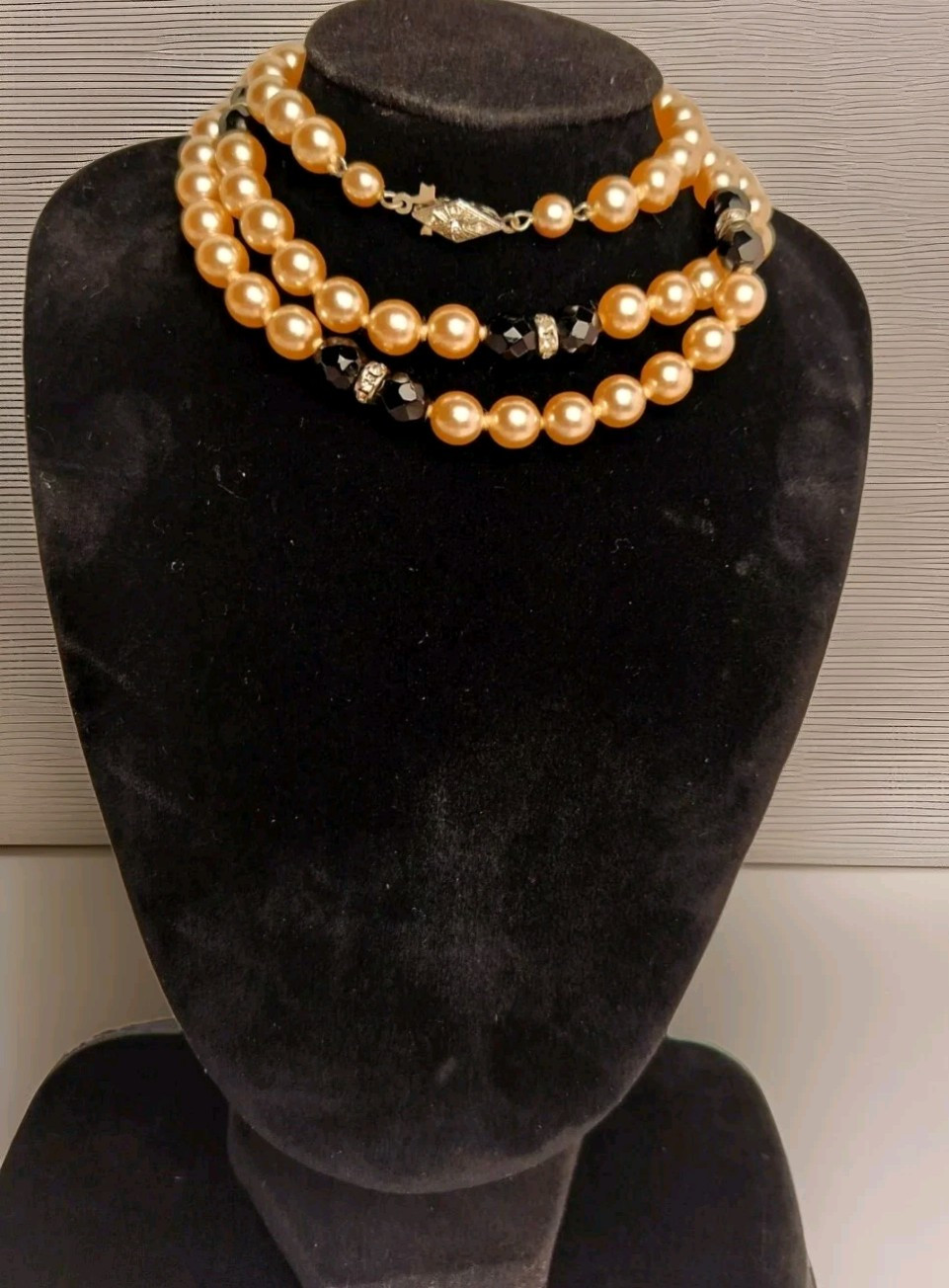 Vtg 90’s Faux Champagne Pearl Black Faceted Spinel Bead Rhinestones Necklace