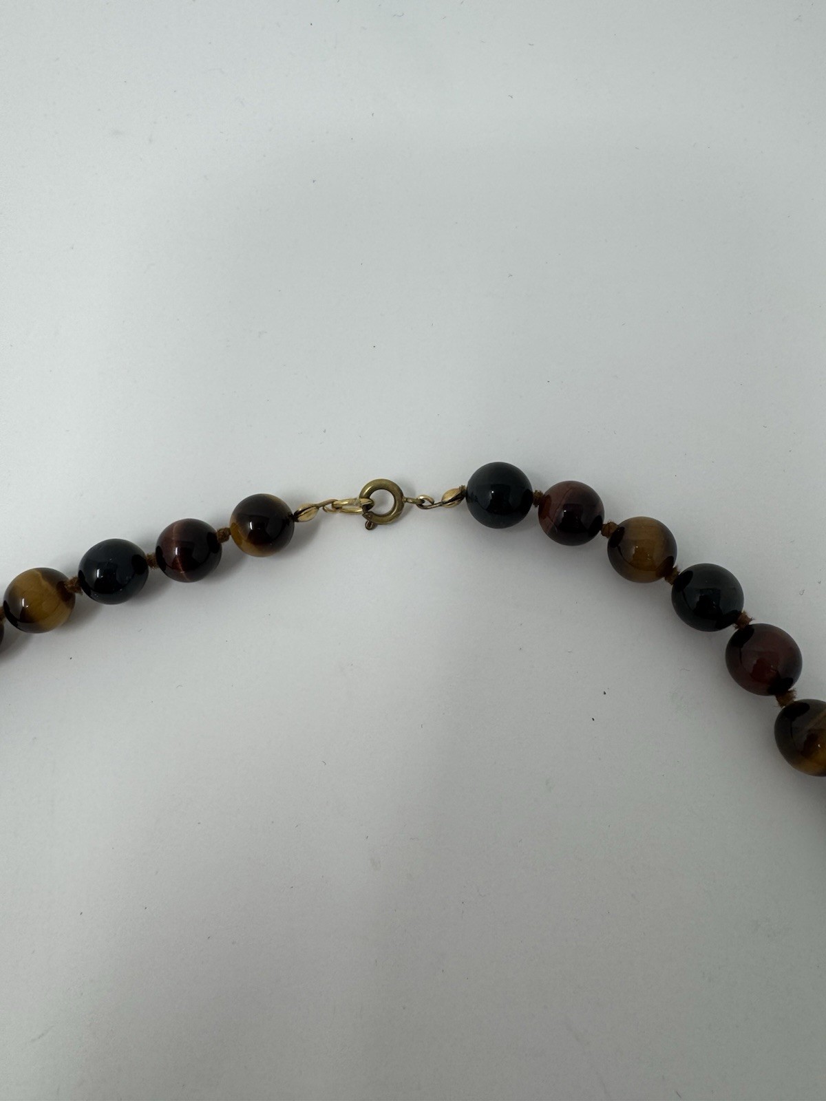 Vintage Single Strand Tigers Eye Beaded Necklace, Gold Tone Lobster Claw Clasp