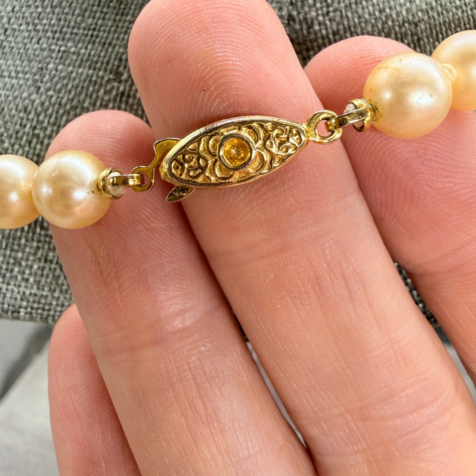 Vintage Pearl Necklace Cream Approximately 6 mm 22 Inches Rhinestone Pendant