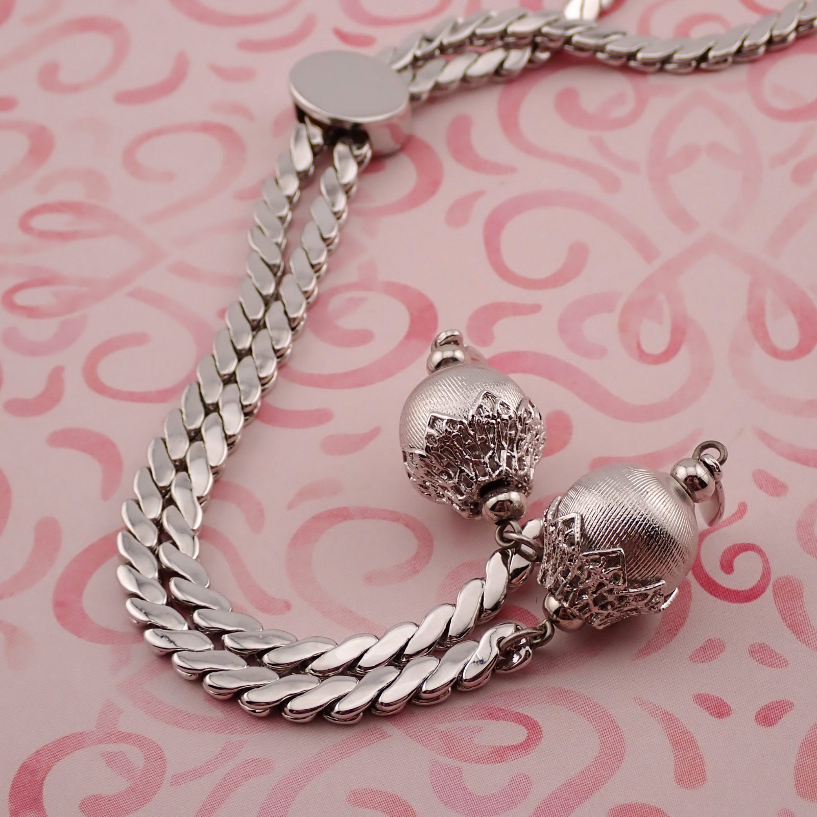 Monet Lariat Slide Silver Tone Cobra Filigree Dangle Ball Adj to 20″ Necklace