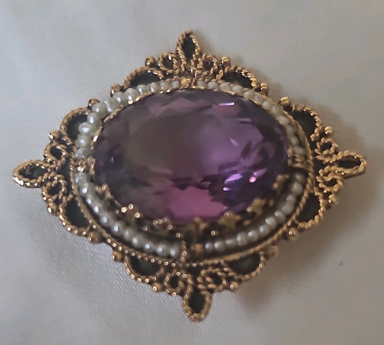 Vintage 14kt Gold Filigree Amethyst & Seed Pearl Brooch/Pendant