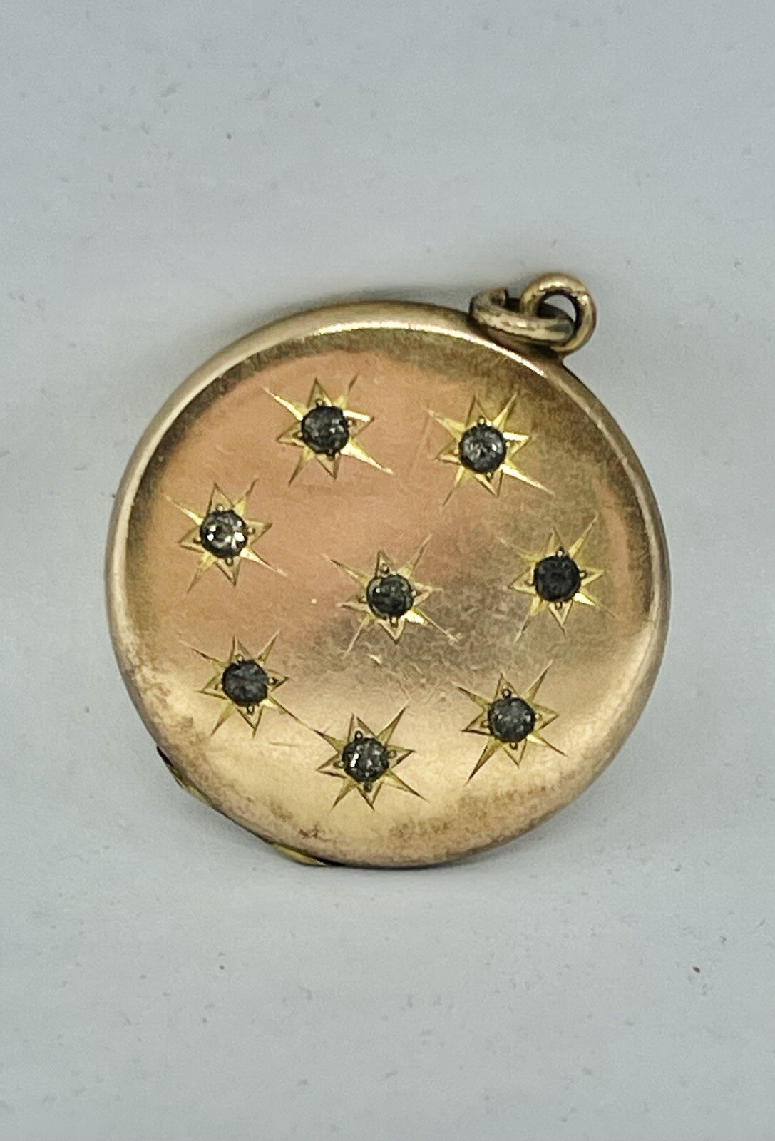 Antique Art Nouveau Rolled Gold Stars Round Locket Pendant with 8 Paste Stones
