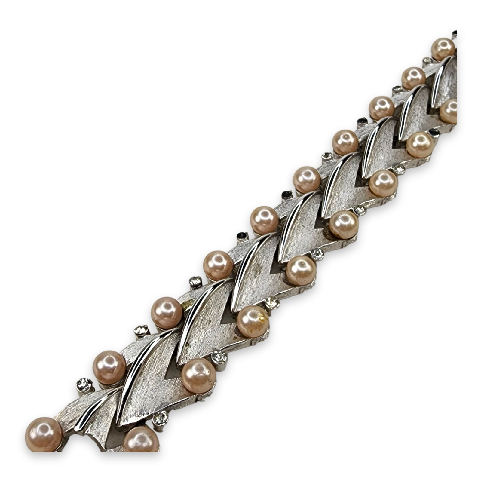 Vintage Trifari Silver Tone Clear Rhinestone Faux Pearl Links Bracelet 7.25 In