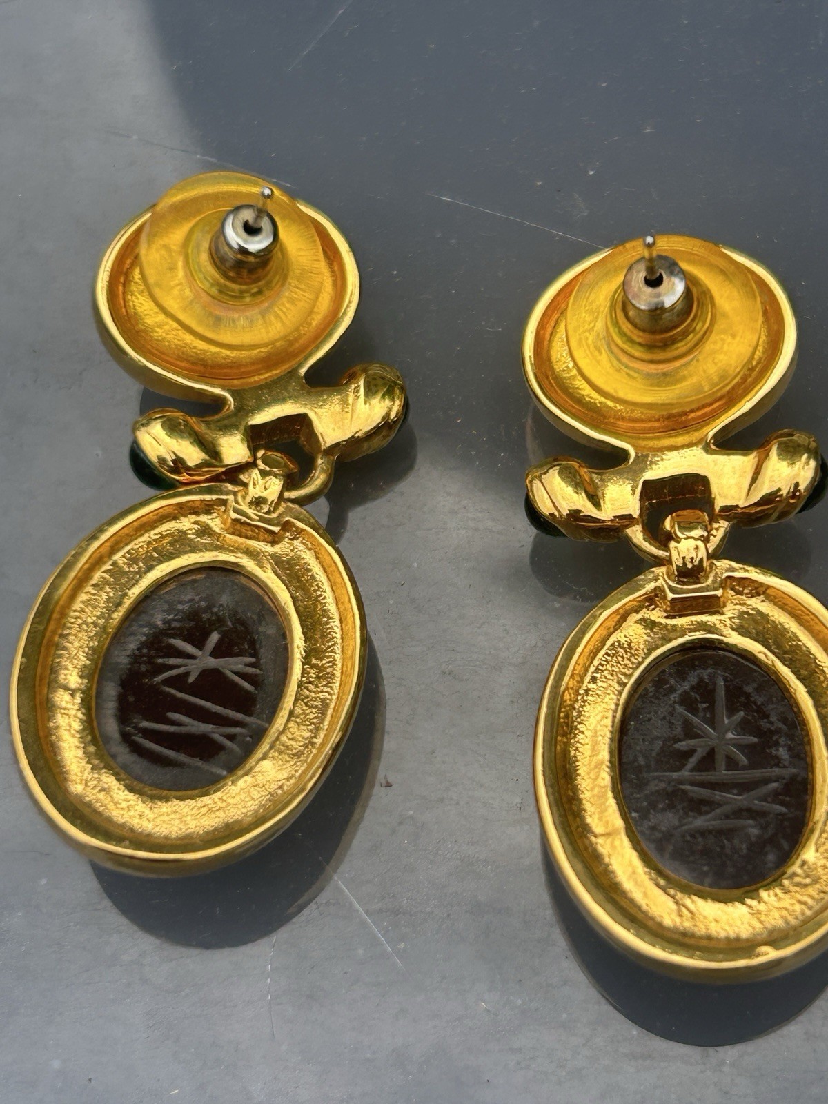 Unsigned GIVENCHY Carved Scarab Earrings Lapis Carnelian Emerald Green Cabochon