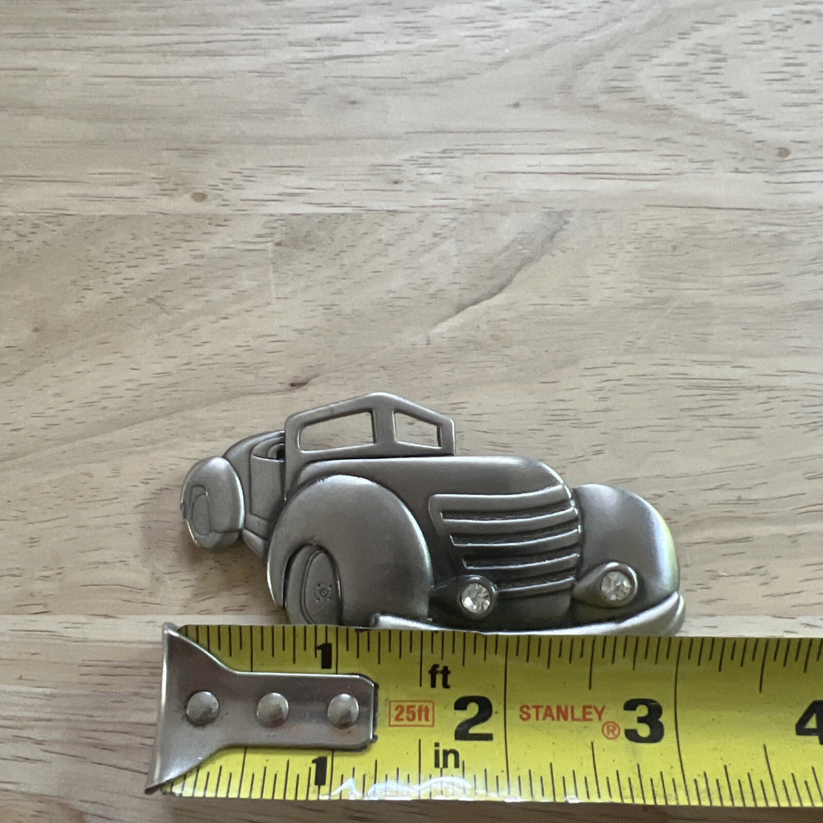 Vintage Convertible Car with Rhinestone Head Lights Silver Tone Metal Roadster