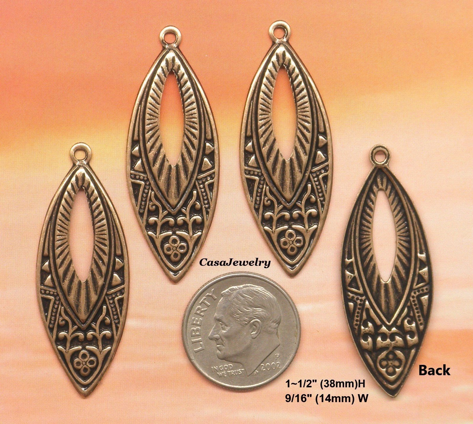 #0036 ANTIQUED GOLD OPEN CENTER TEARDROP W/TOP HANG RING – 6 Pc Lot