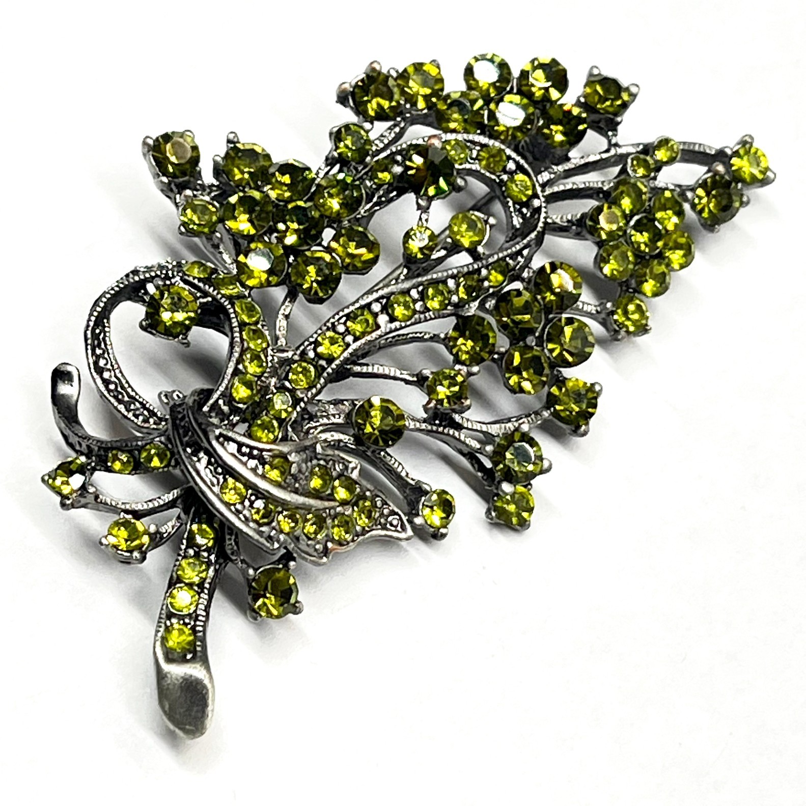 VTG Floral Spray Bow Pin Brooch Sparkling AB Peridot Green Crystal Rhinestones