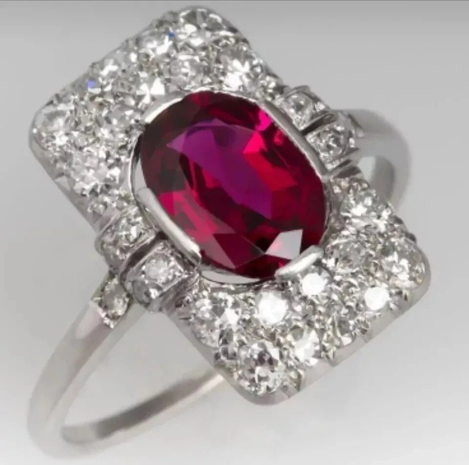 Art Deco Style 3.58Ct Round Lab Created Ruby 14K White Gold FN Engagement Ring