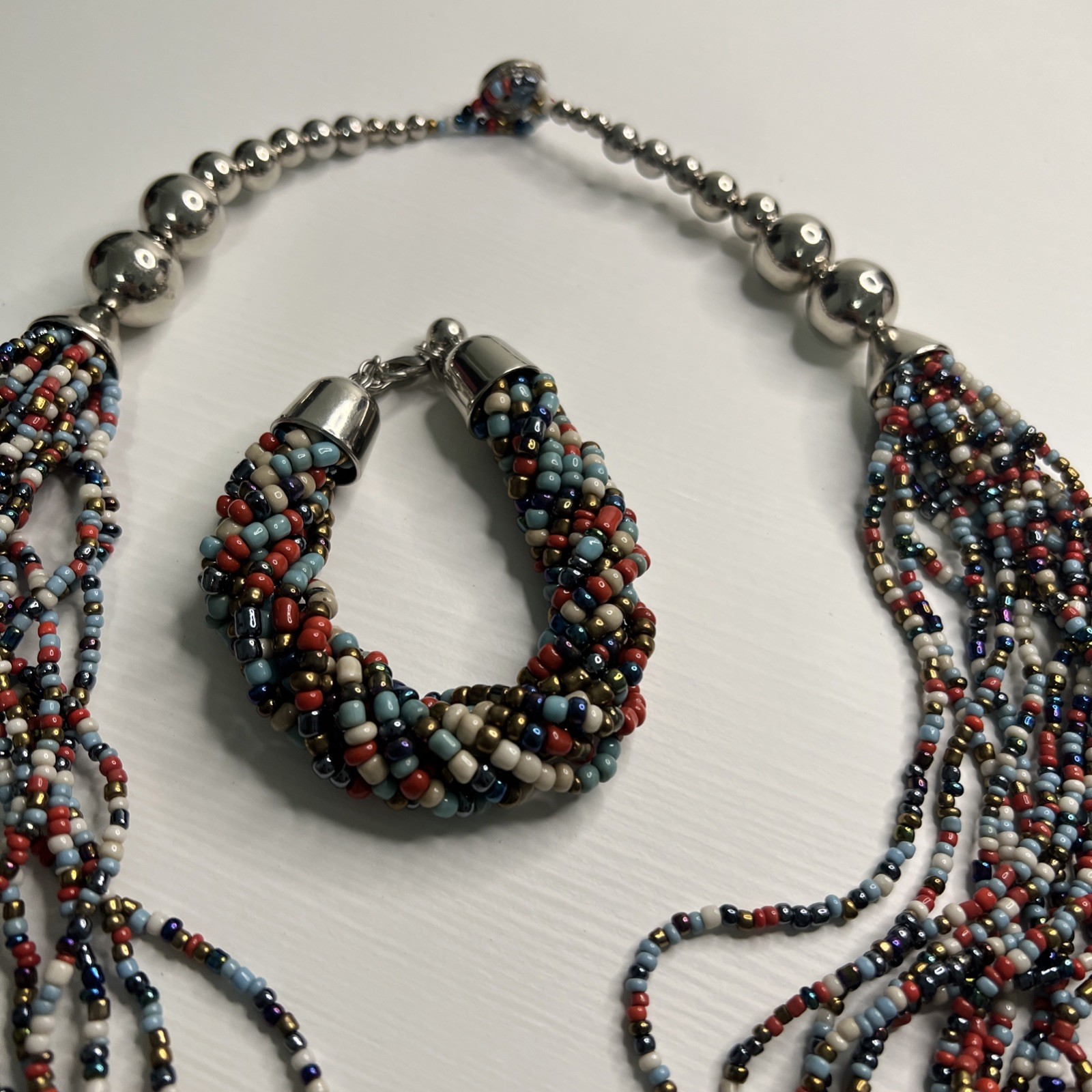 Multicolored Bead Multi Strand Statement Silver Tone Necklace Bracelet Set