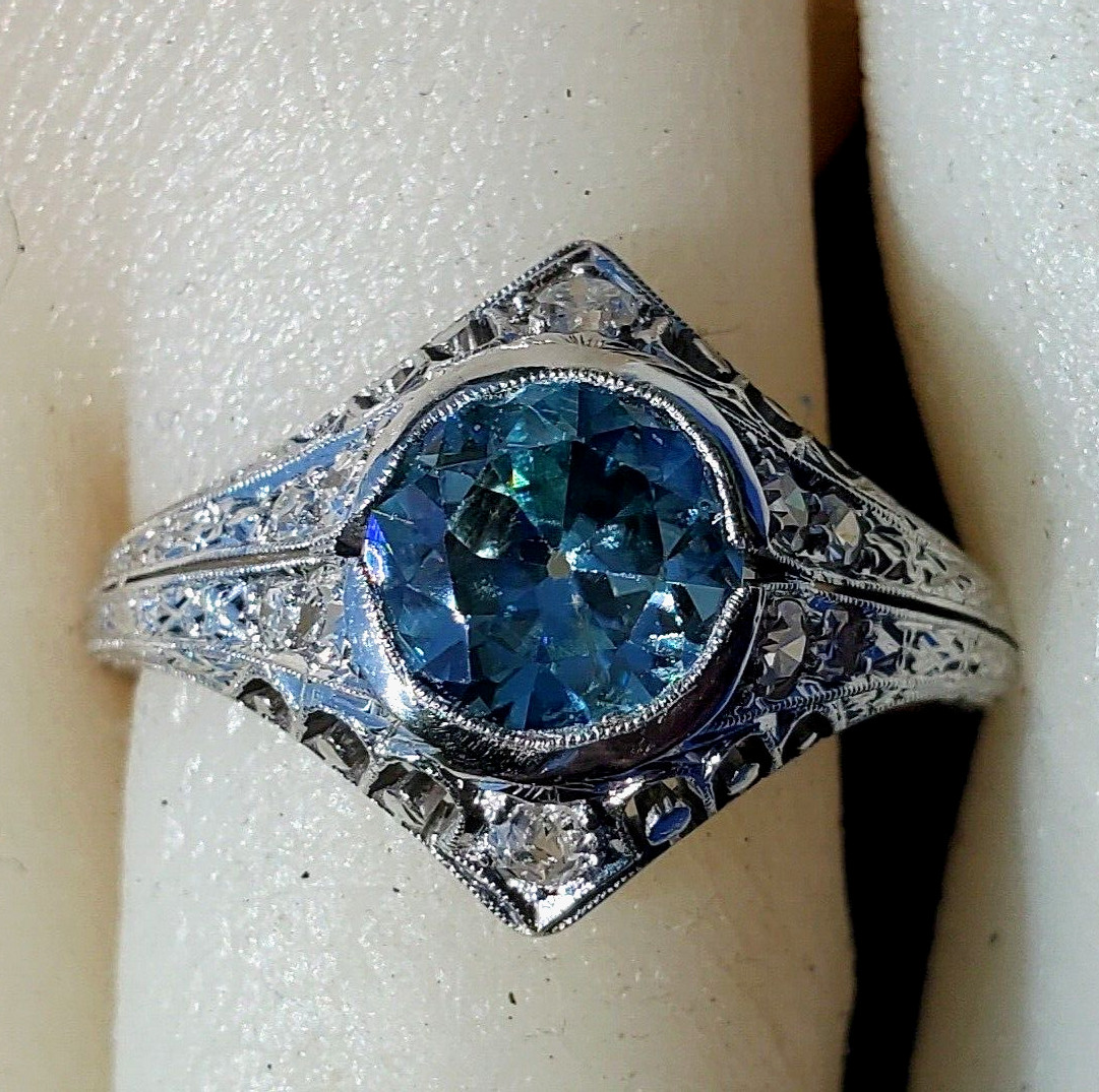 NATURAL EARTH MINED Blue Zircon DIAMOND PLATINUM ORIGINAL DECO Engagement Ring 8