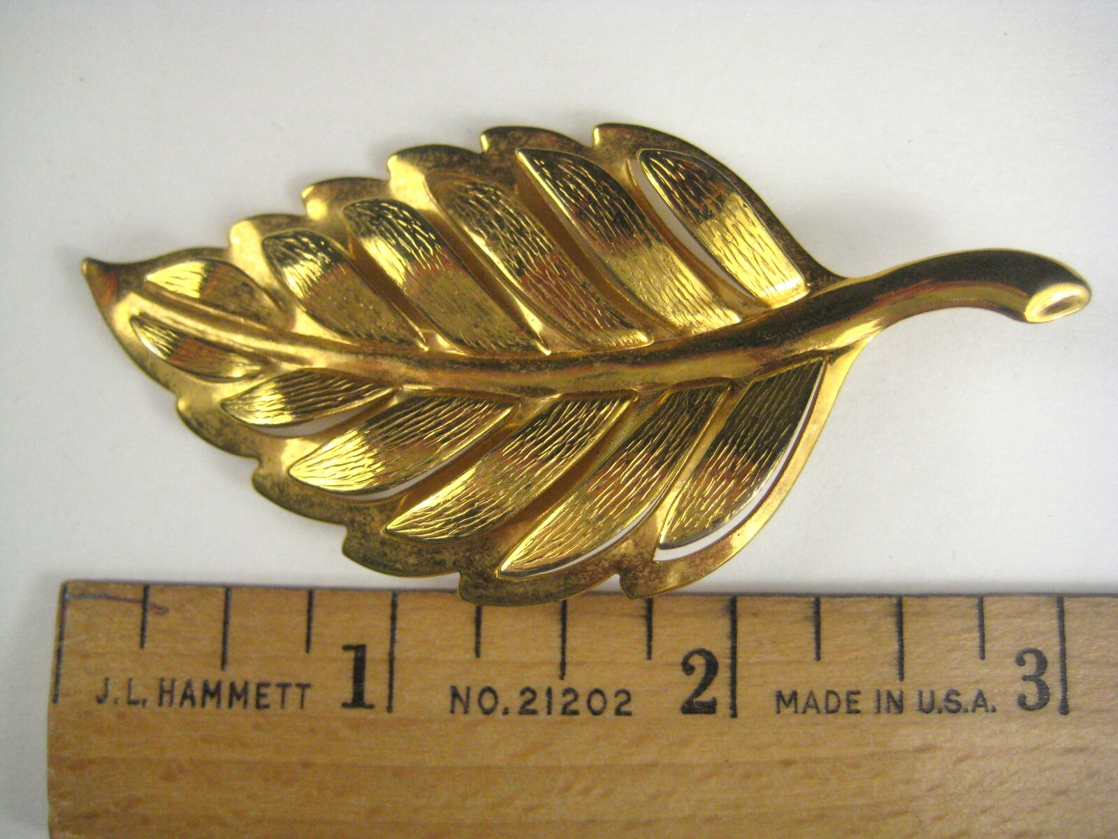 Leaf Pin Brooch 2.8 In Vintage Goldtone Open Work Stem Leaves Women Estate