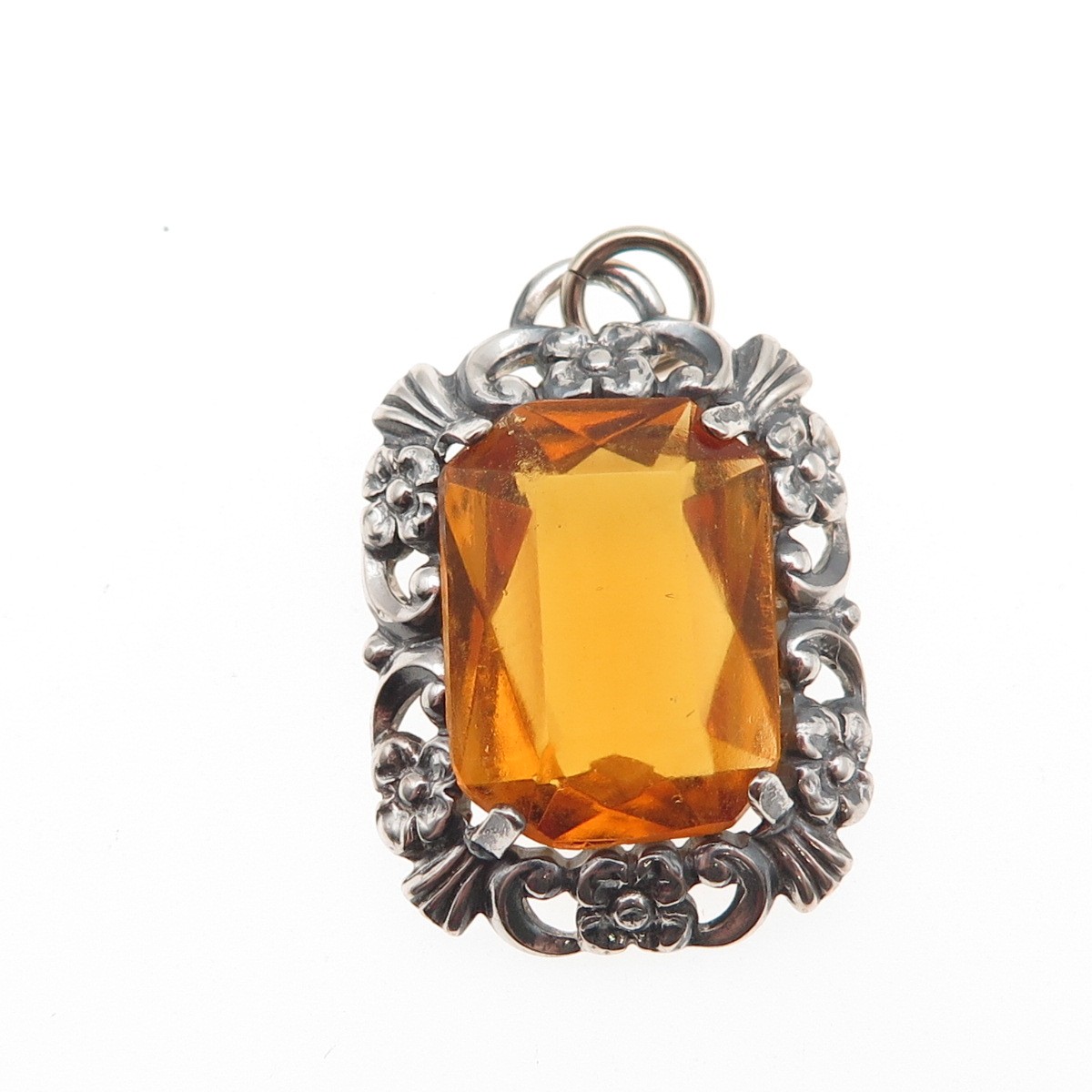 835 Silver Antique Art Deco Real Citrine Floral Oxidized Charm Pendant