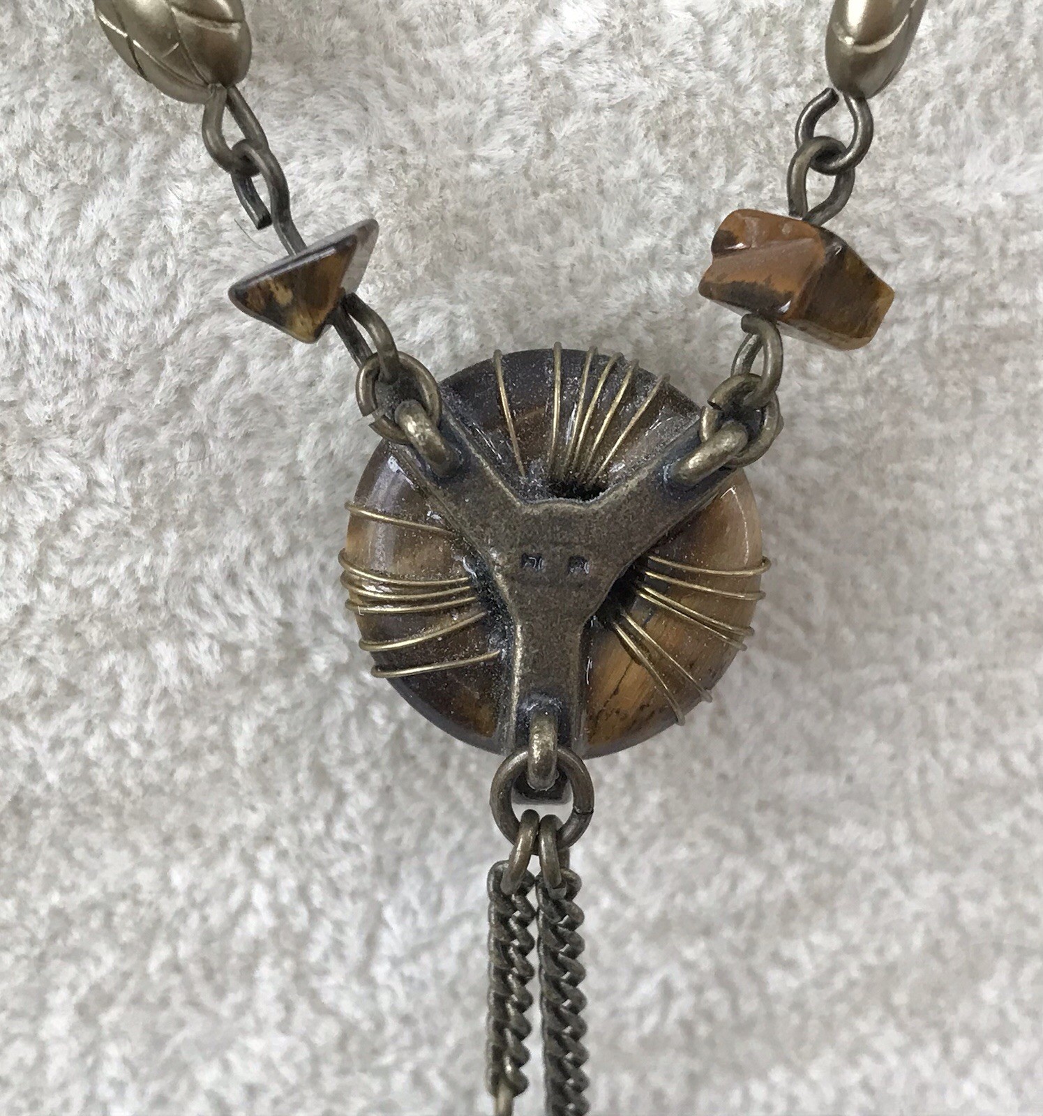 Vintage Nina Ricci Brass Tiger’s Eye Flower Pendant Necklace AVON RARE