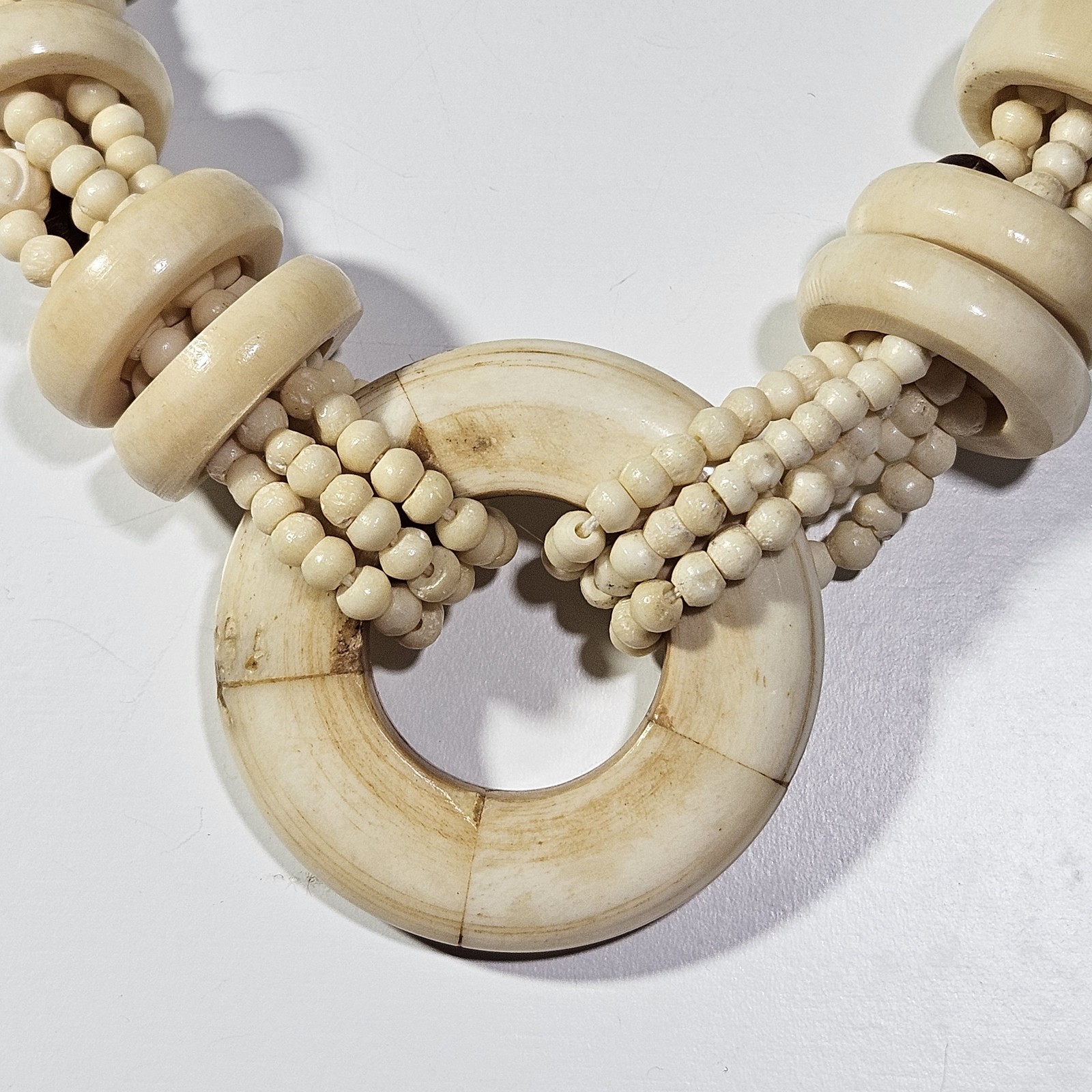 Vintage Hand Carved Bovine Bone Multi Strand Statement Necklace Pendant Boho