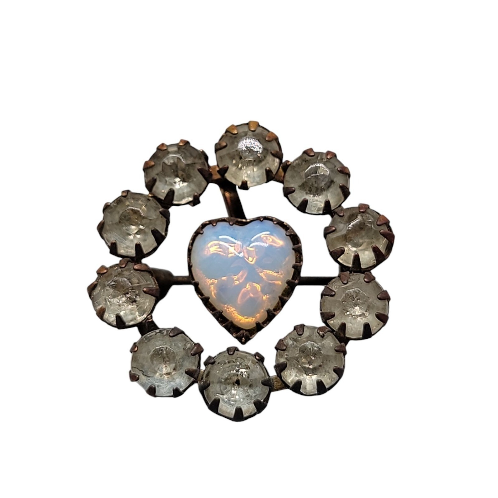 Antique Victorian Opaline Glass Heart Brooch Paste Rhinestone C Clasp Estate