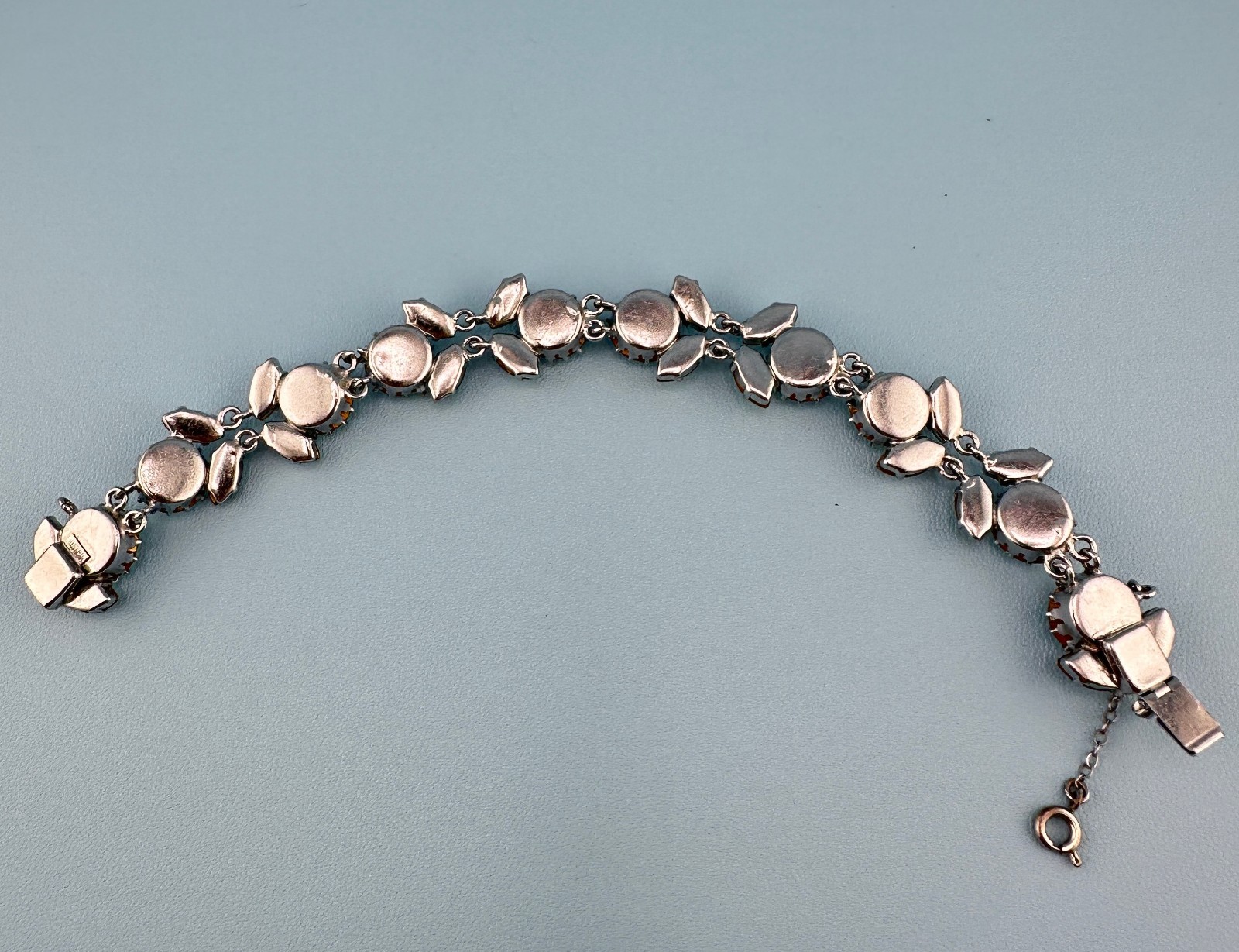 Vintage Austria Crystal Bracelet LG Dentelle Prong Set Silver Tone Safety Chain