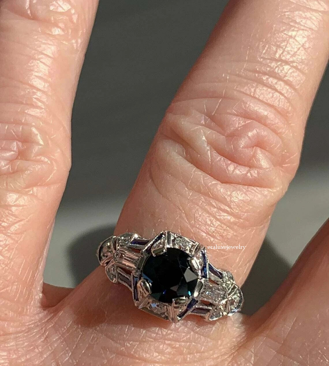 Art Deco Style Lab Created Sapphire & Diamond Anniversary 14K White Gold FN Ring