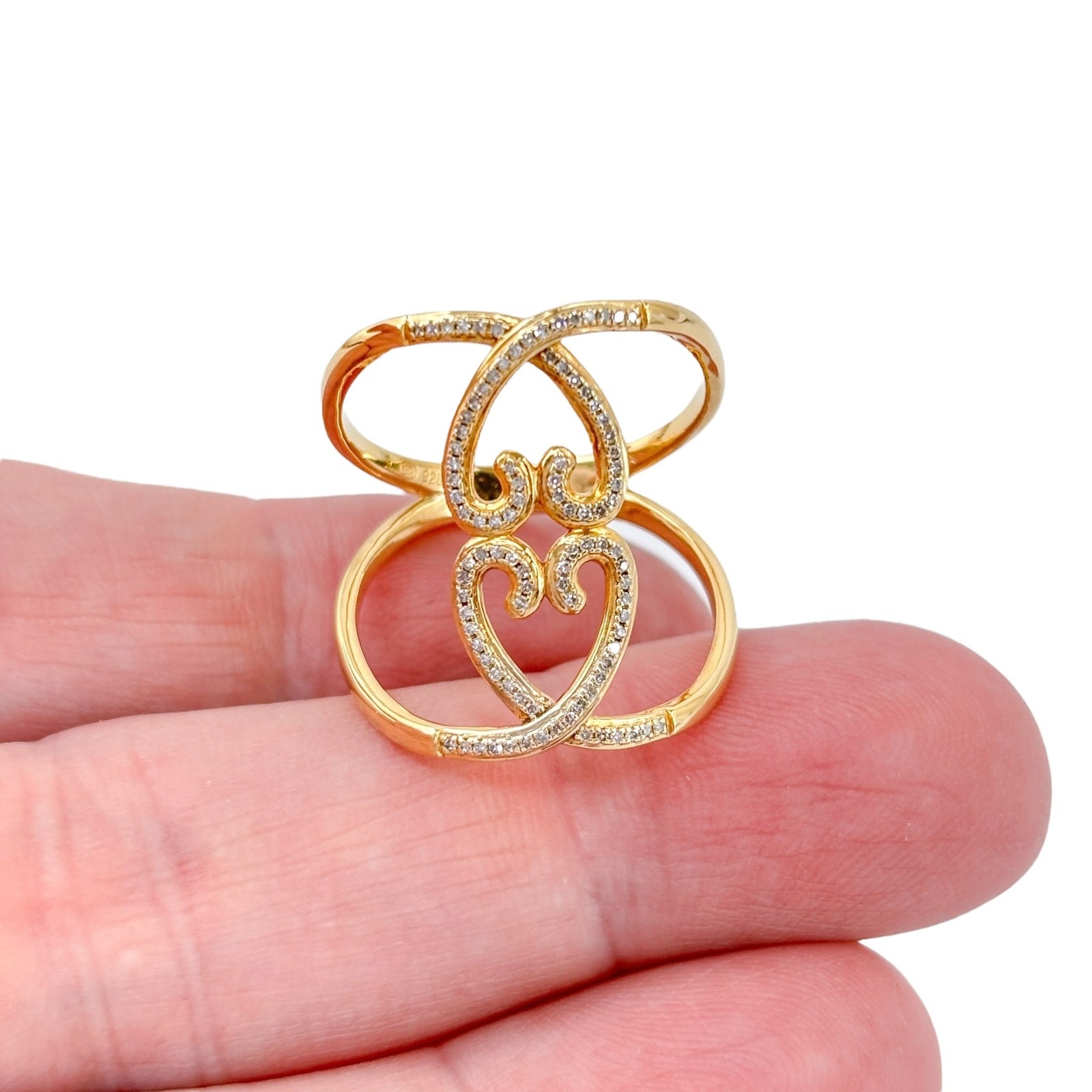 Sterling Silver Gold Plated Double Heart Criss Cross Diamond Ring Size 10