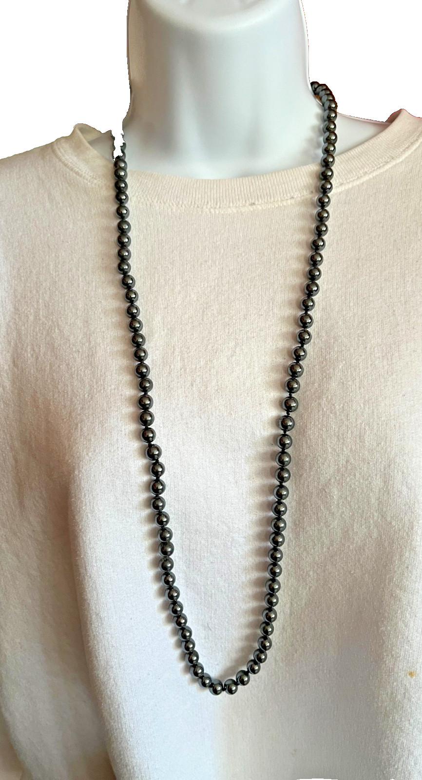 Hematite Vintage 36” Round Beaded Necklace Vintage 80s Semi-Precious Stones