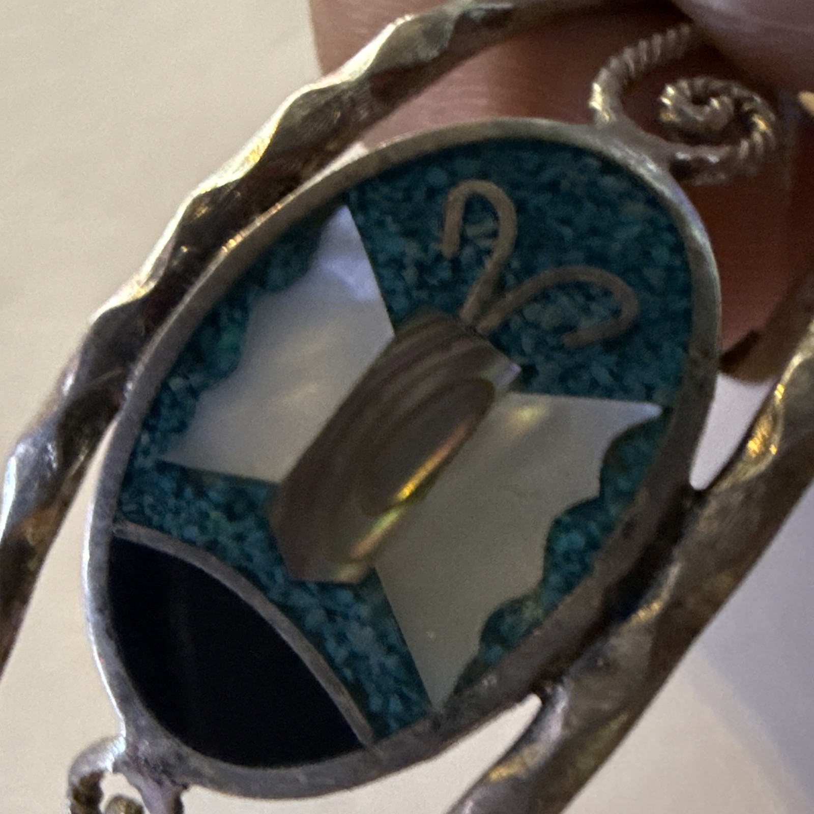 Vintage Mexico Silver Tone Inlay Butterfly with Turquoise