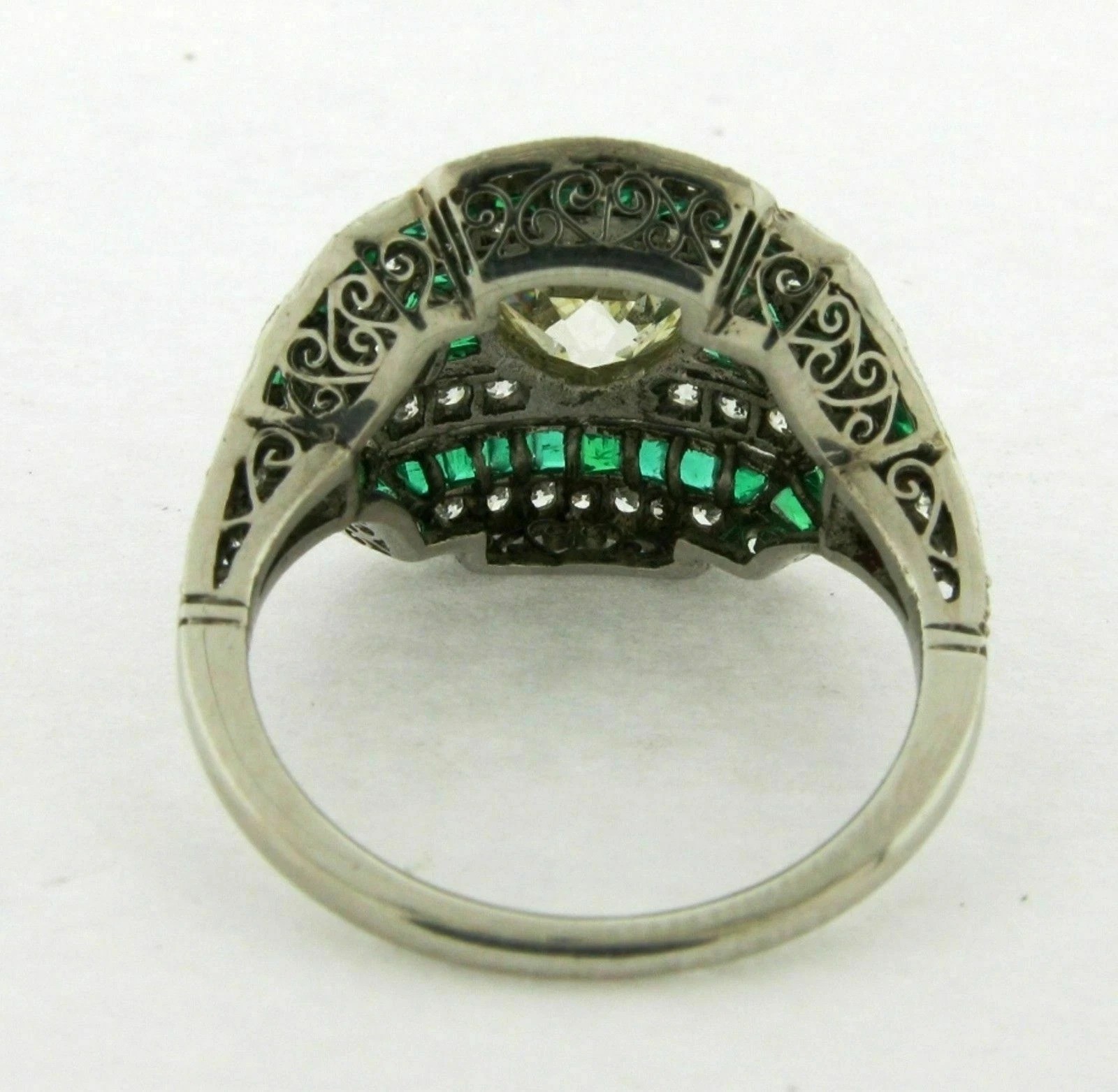 Art Deco Round Lab Created Diamond & Emerald Wedding 14K White Gold Finish Ring