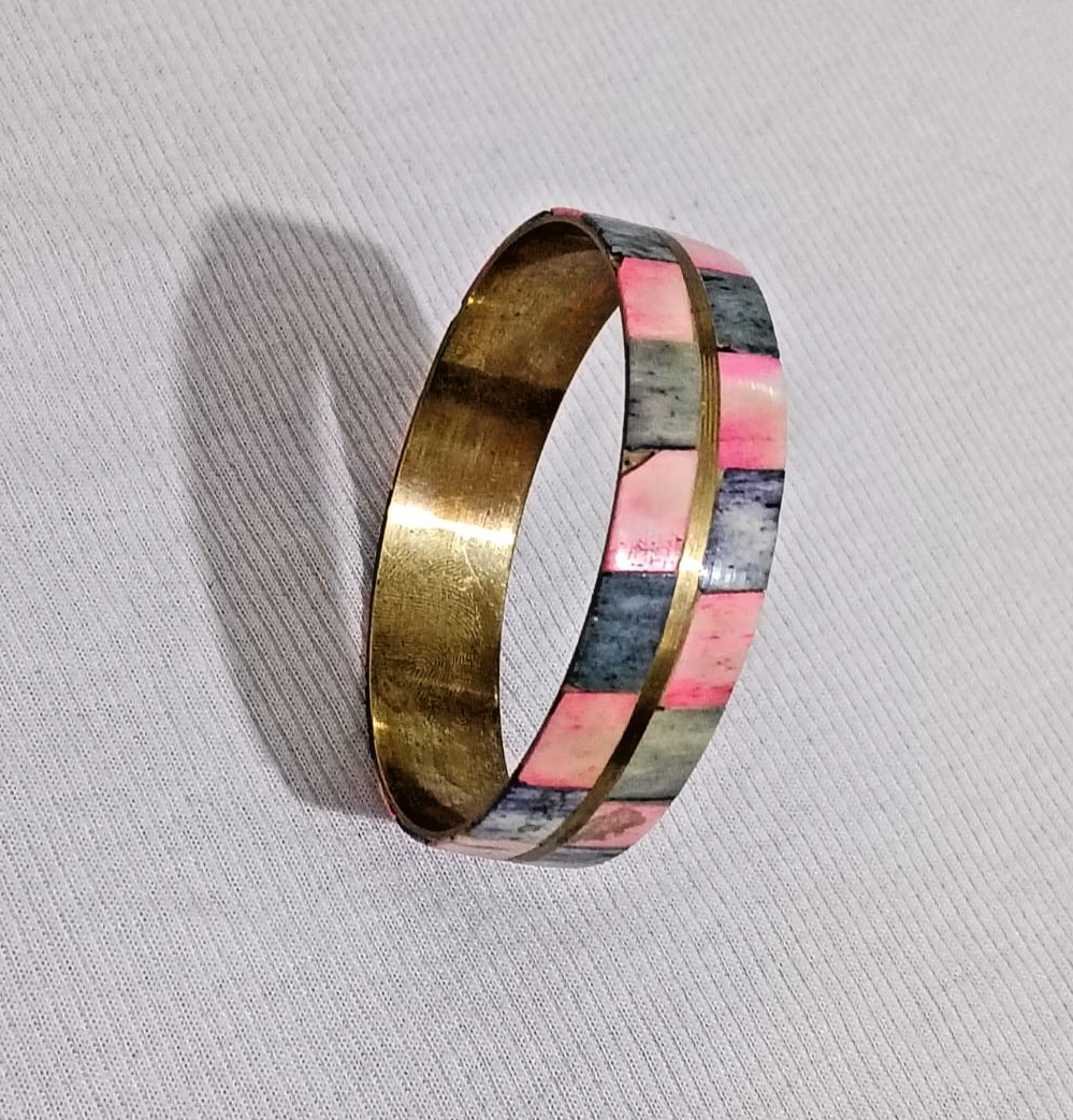 Vintage Brass Mosaic Inlay Bangle Bracelet Pink Gray Stone Boho Ethnic VTG