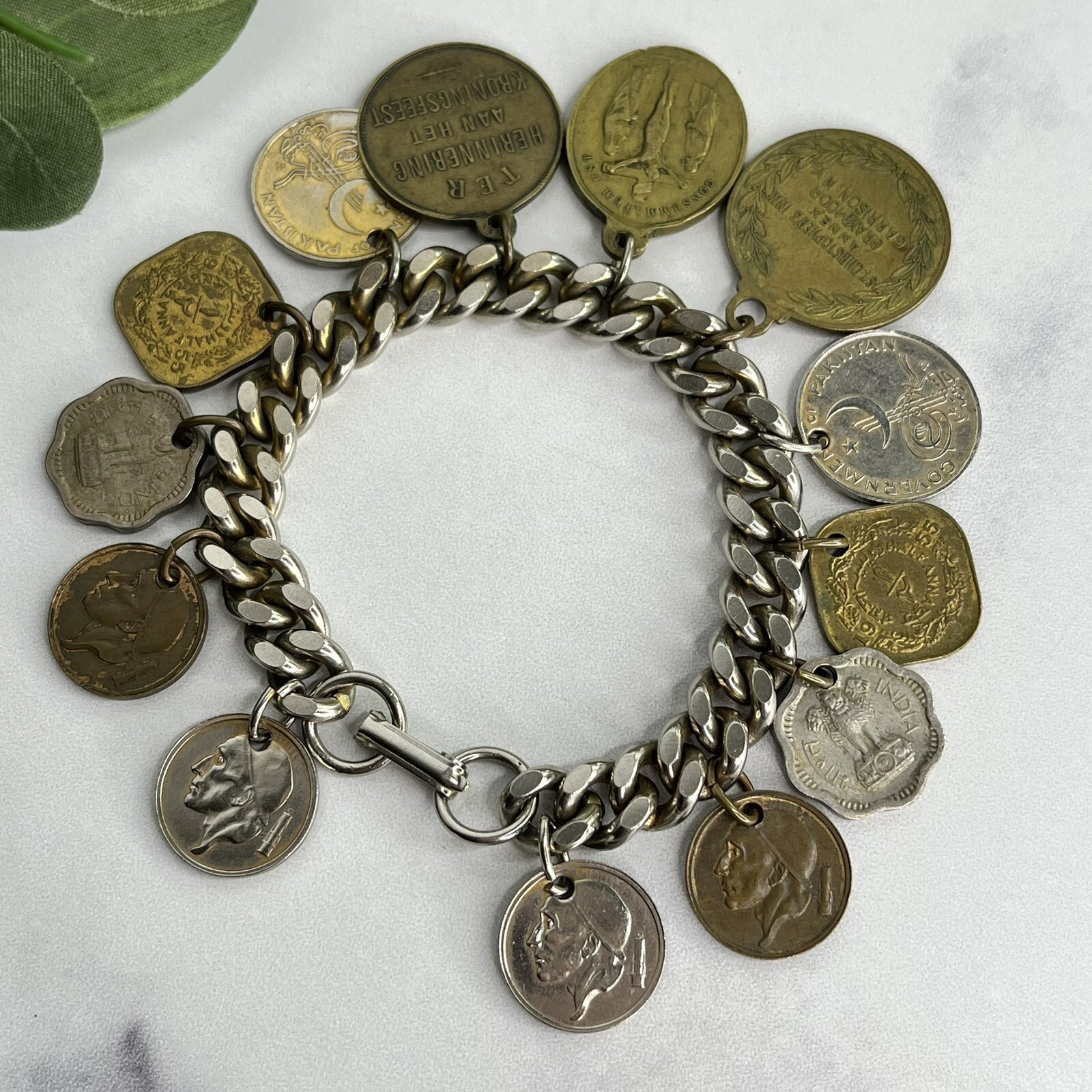 Vintage 13 Coin Charm Bracelet Belgium, India, Pakistan 1957 1959 1955 7”