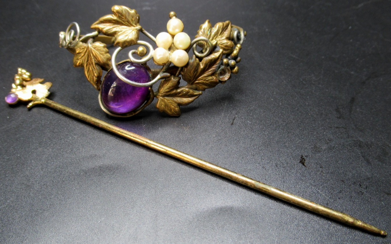 Gorgeous Genuine Amethyst & Pearl Grape Cluster Cuff Bracelet Stick Pin Set
