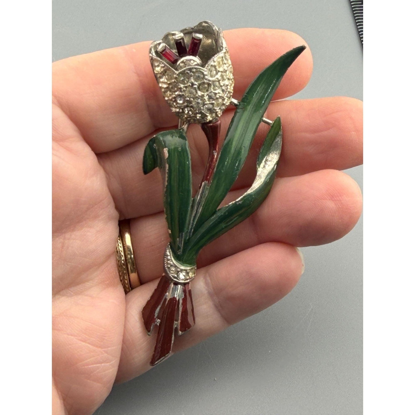 Vintage Coro Brooch Adolph Katz Trembler Tulip Flower Rhinestone Pot Metal