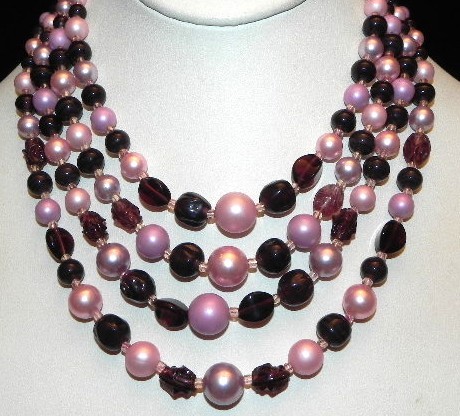 Vintage 4 Strand Wine Purple Glass Lilac Faux Pearl Bead 16″ Choker Necklace