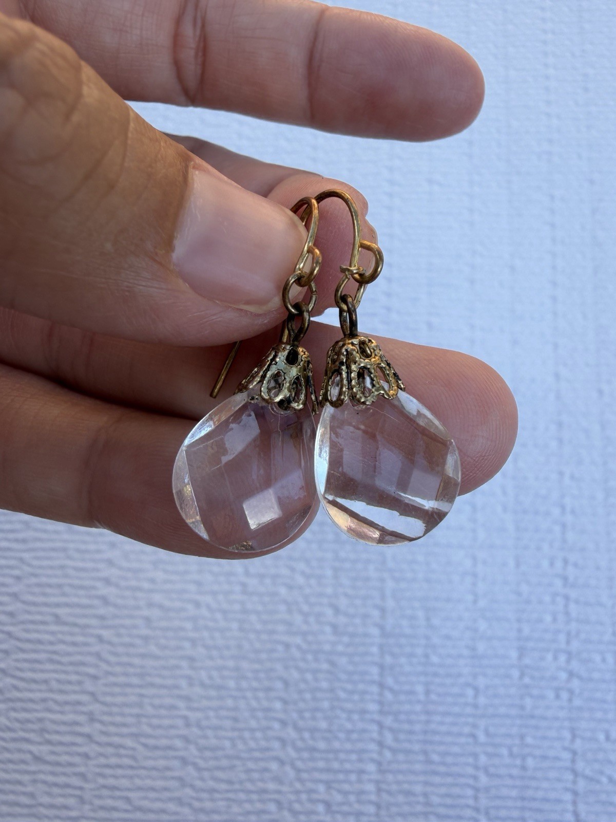 Vintage Faceted Crystal Teardrop Dangle Earrings Brass Tone French Hooks