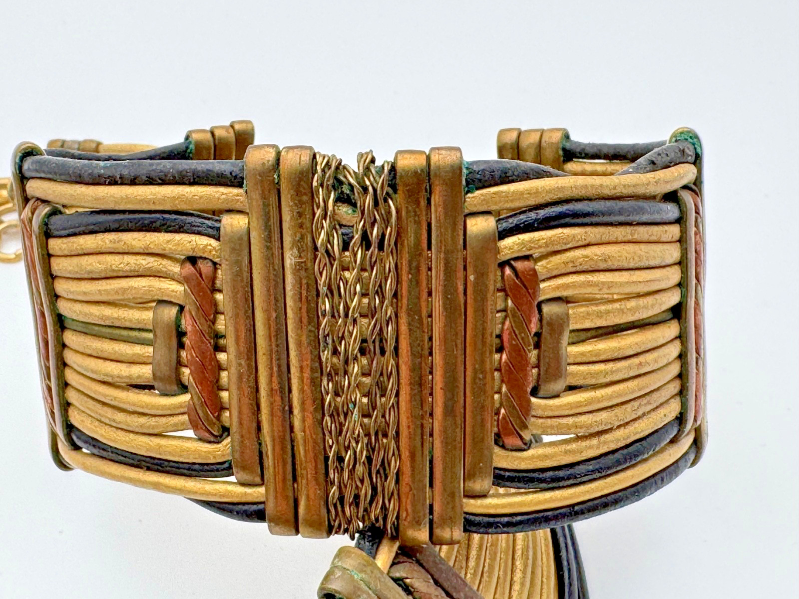 Vintage African Necklace and Bracelet Set – Gold and Black Leather/Brass 1970’s