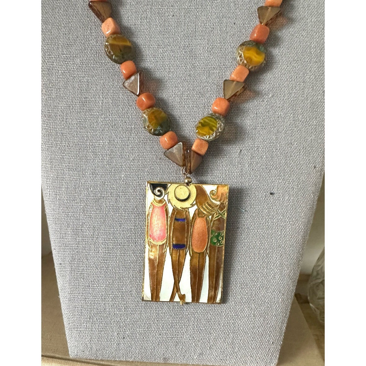 Art Deco Girls at Beach Cloisonne Stone Beaded Necklace Brown & Orange 27” Long