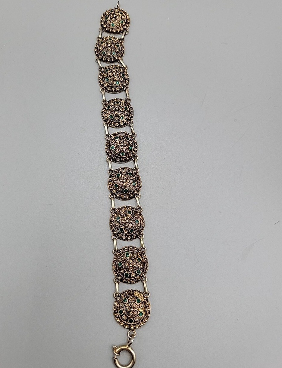 Antique Dutch 833 Silver Filigree Bracelet Green Glass Art Deco S-Hertogenbosch