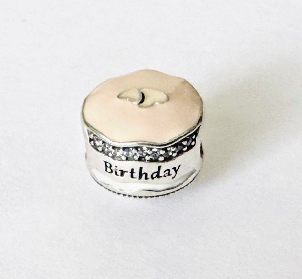 PANDORA Sterling Silver HAPPY BIRTHDAY CAKE CHARM Two Hearts Peach Icing 925 ALE