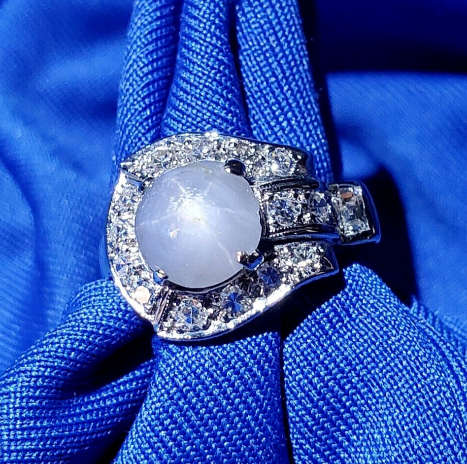 EARTH MINED STAR SAPPHIRE DIAMOND ART Deco Engagement Ring SOLID 14K WHITE GOLD