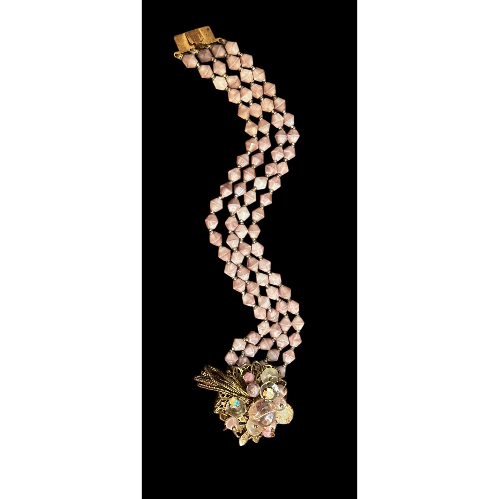 Vintage Pink Opaline Glass Multi Strand Bracelet AB Rhinestone Floral Tassel