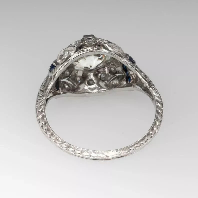 Art Deco Vintage 14K White Gold FN Lab Created Diamond Sapphire Engagement Ring