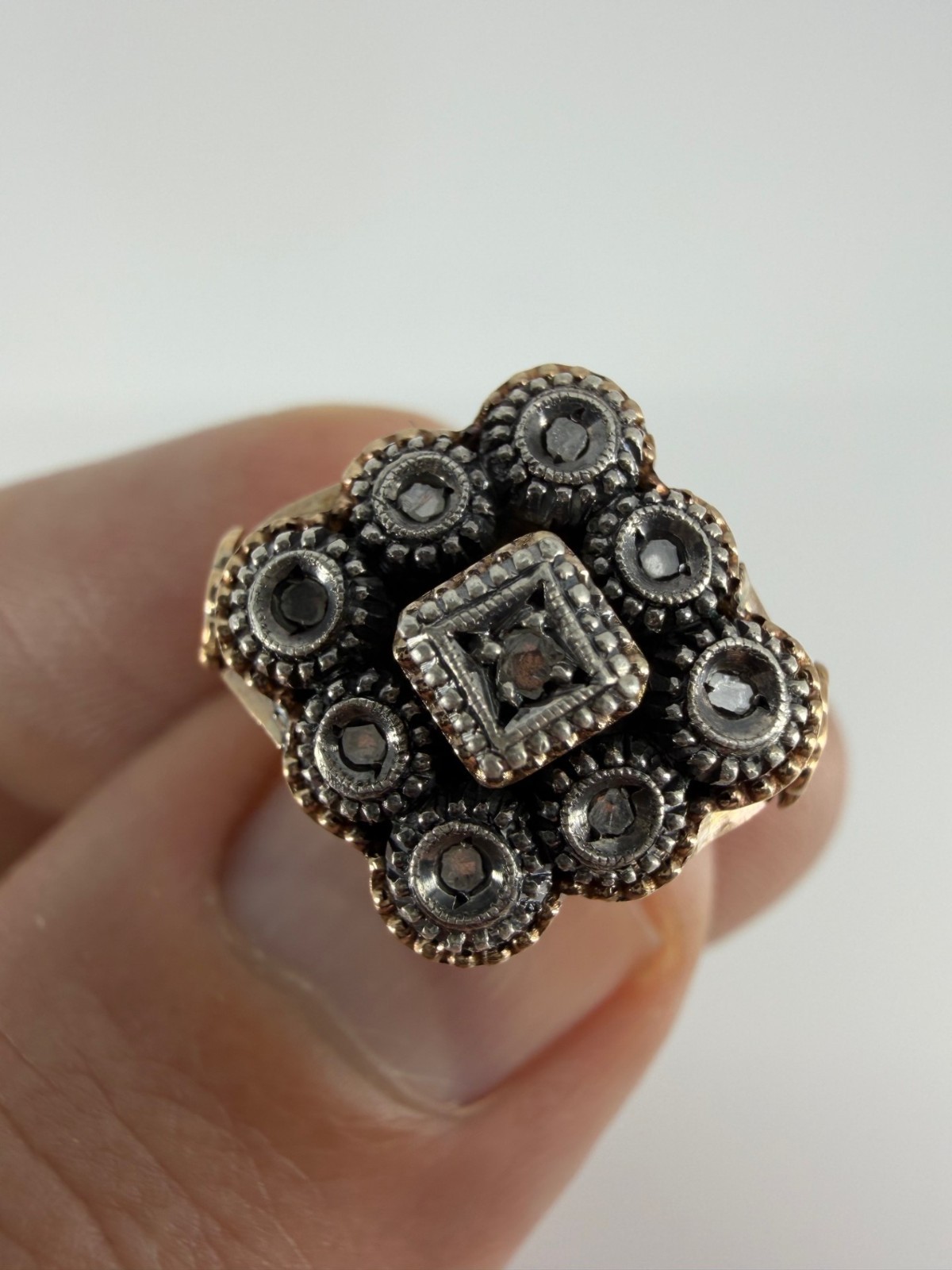 1793 Georgian Rose-Cut Diamond Cluster Ring, 18K Gold & Silver, London Hallmarks
