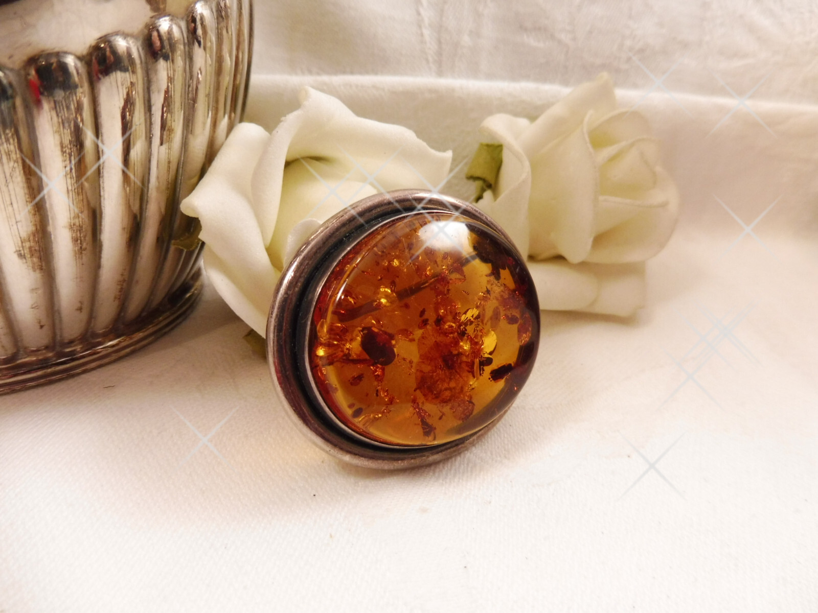 Large Vintage 925 Sterling Silver Baltic Amber Brooch 4cms Statement Brooch