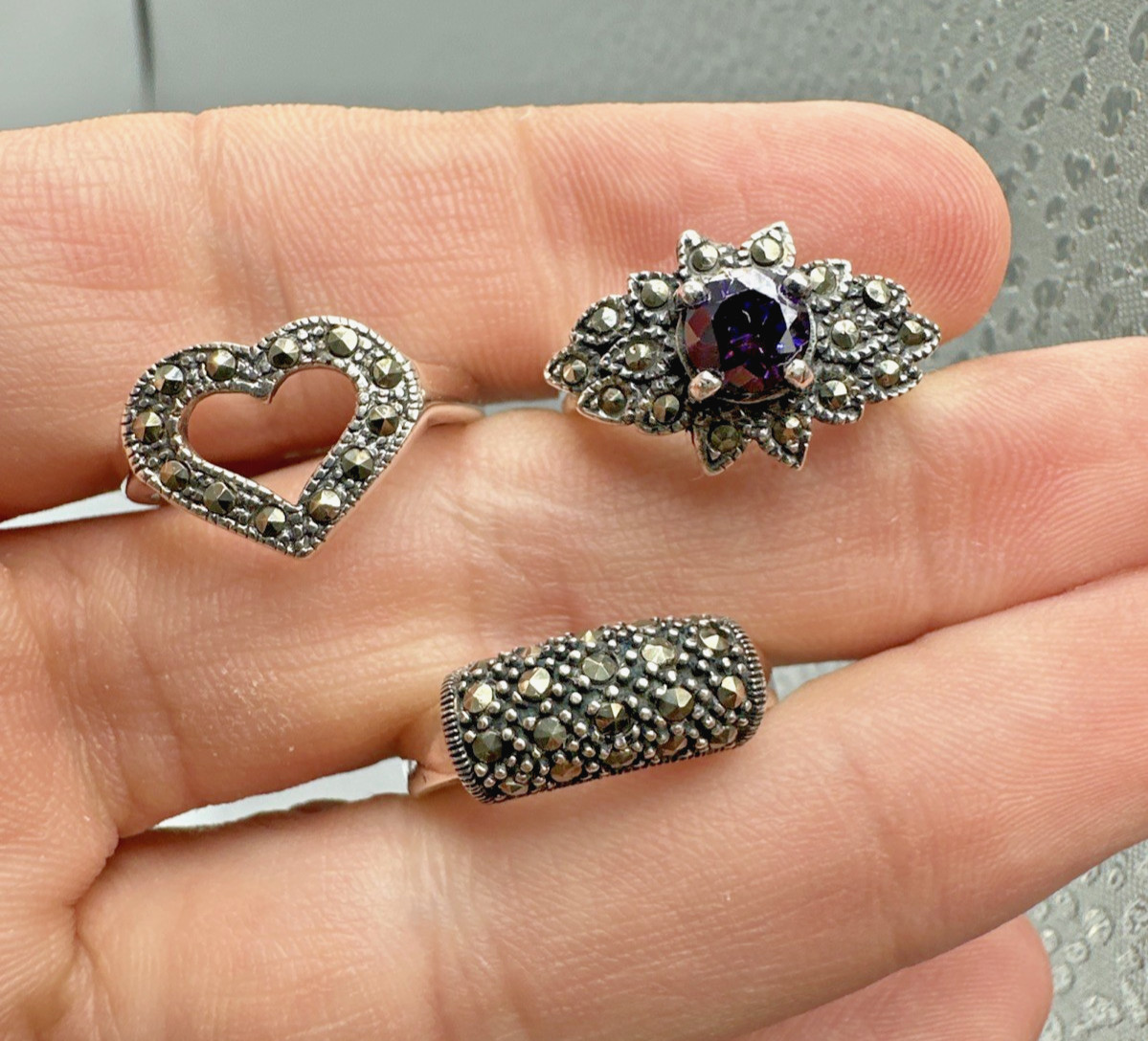 Vintage Sterling Silver Lot 3 Beautiful Marcasite Rings Sizes 5.75, 7.75 & 8