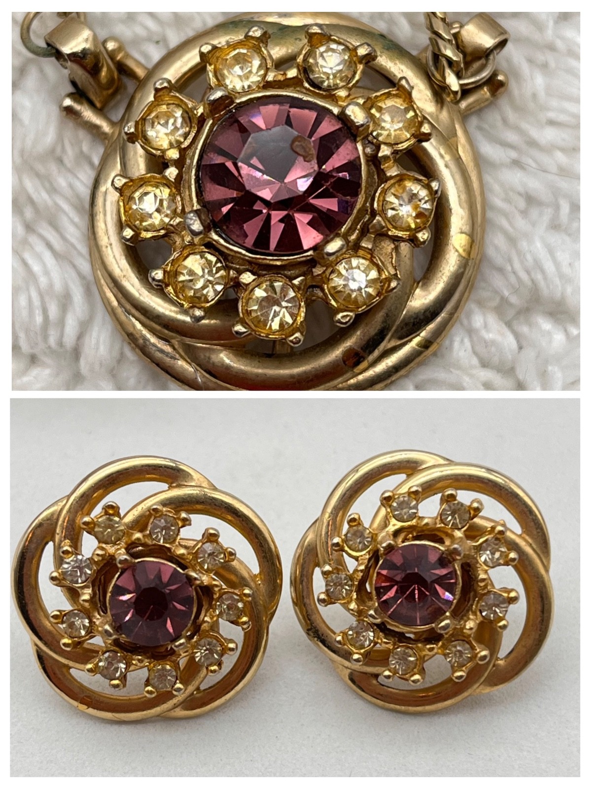Vintage Purple Rhinestone Jewelry Set Necklace Screw Back Earrings