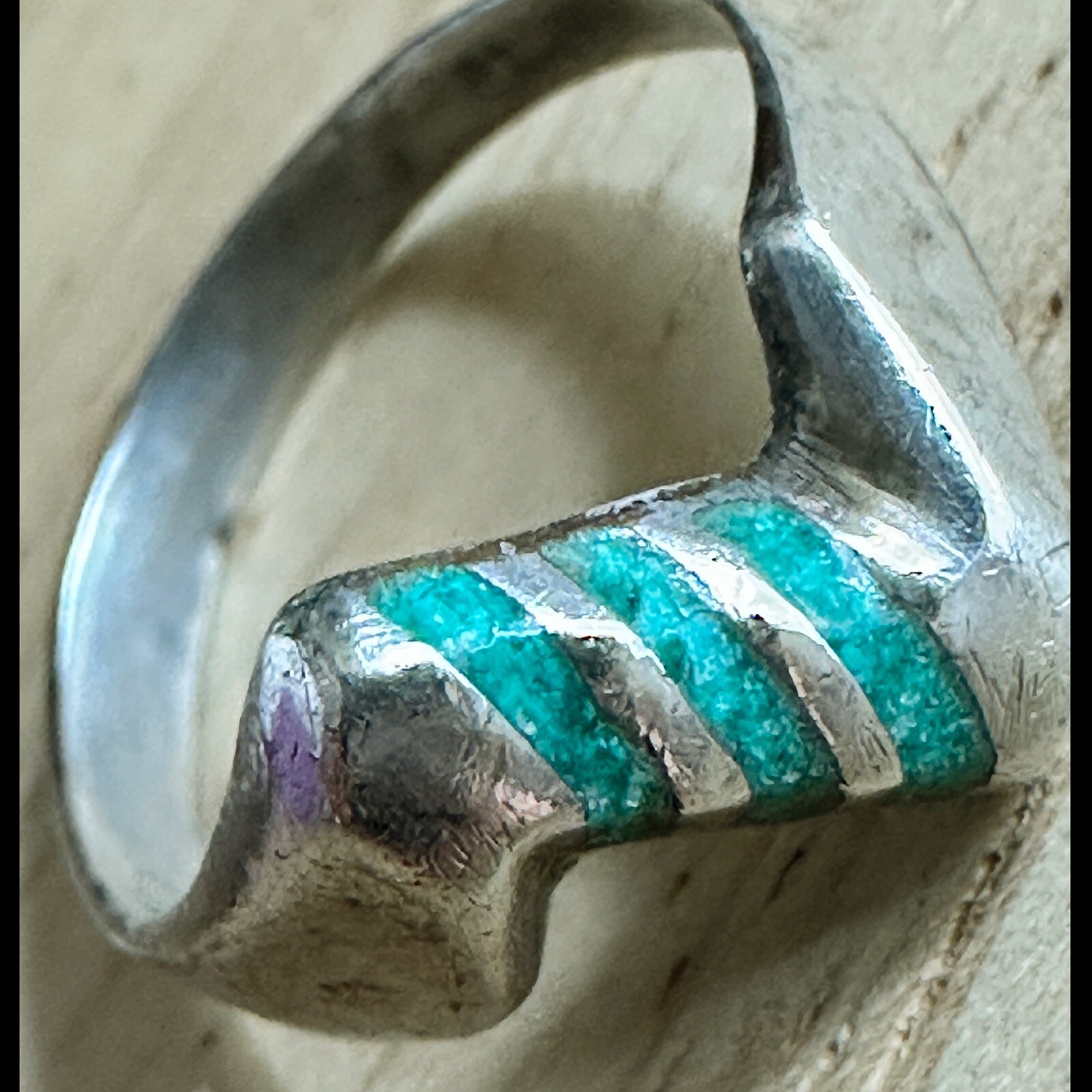 Vintage Sterling Silver Turquoise Inlay Band Ring Statement Tex Co Southwestern