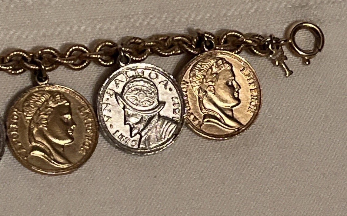 Vintage 1950s Coin Charm Bracelet Napoleon Coins Vasco Nunez de Balboa Coins 8″