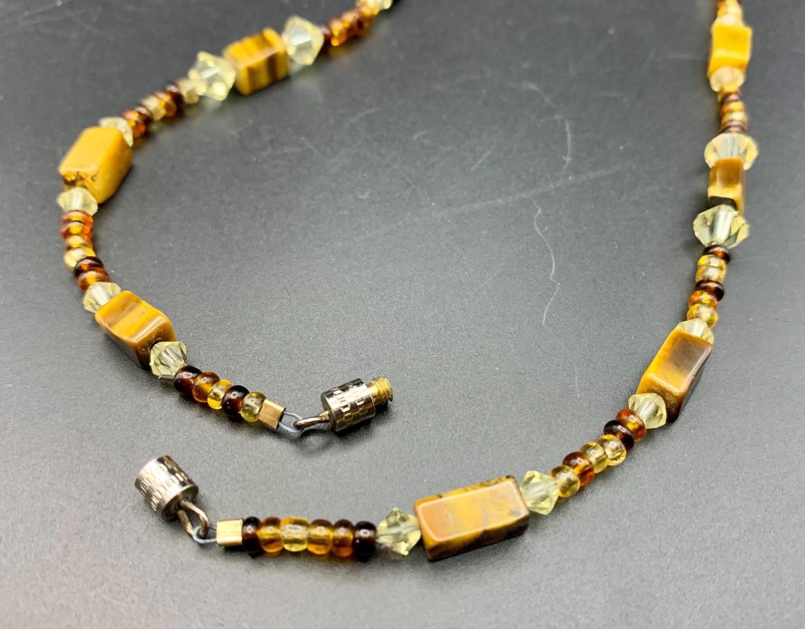 Hand Crafted Necklace Tiger’s Eye Gemstone and Crystal Beads 15″