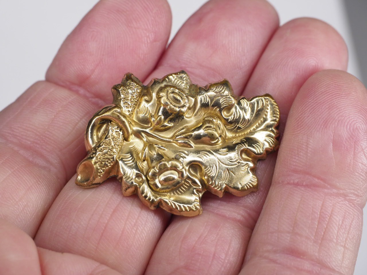 Antique brooch pin hollow rolled gold tube hinge C-clasp jewelry rose floral