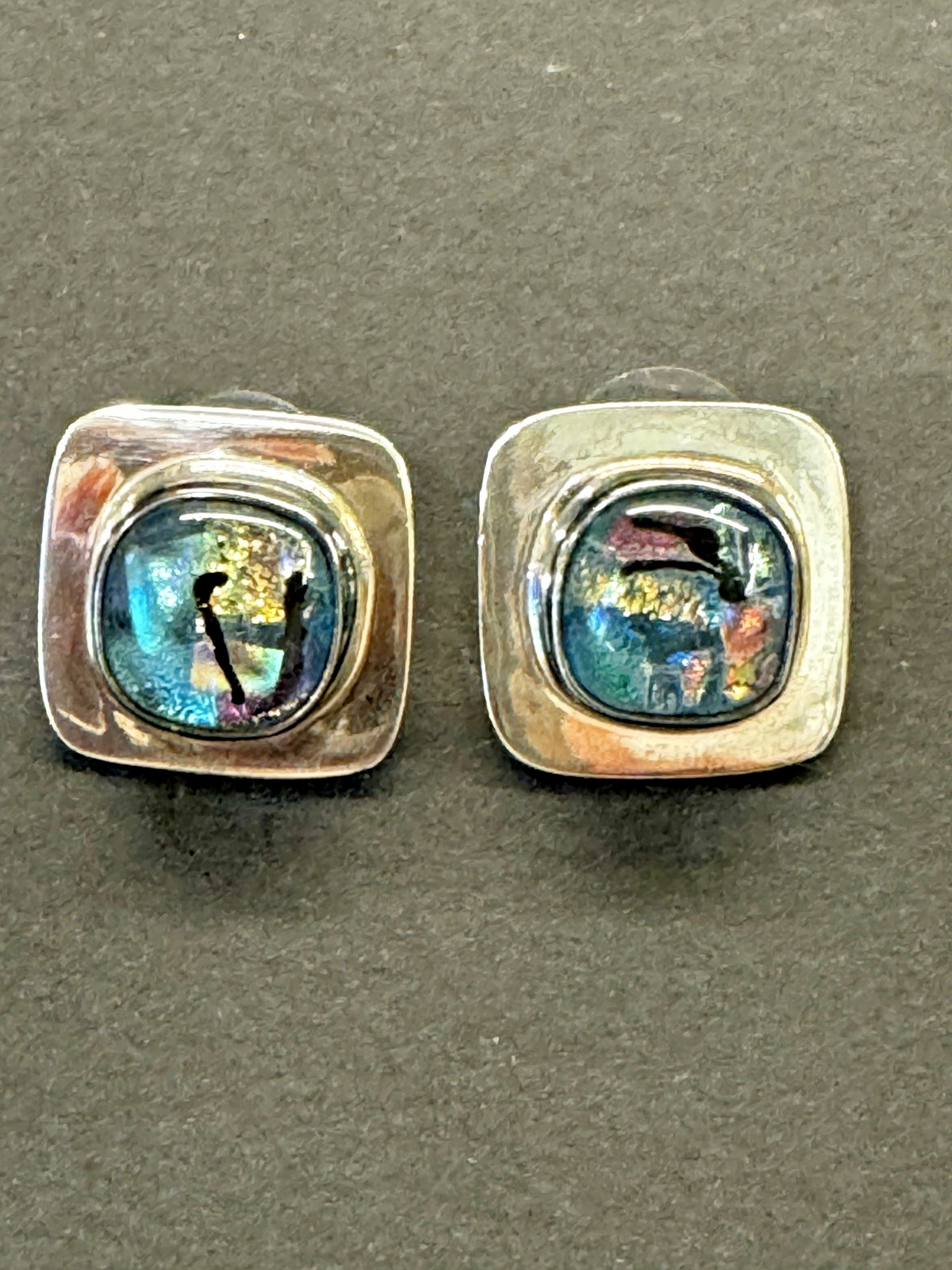 Vintage 925 Sterling Silver Dichroic Glass Earrings, Square Cushion.