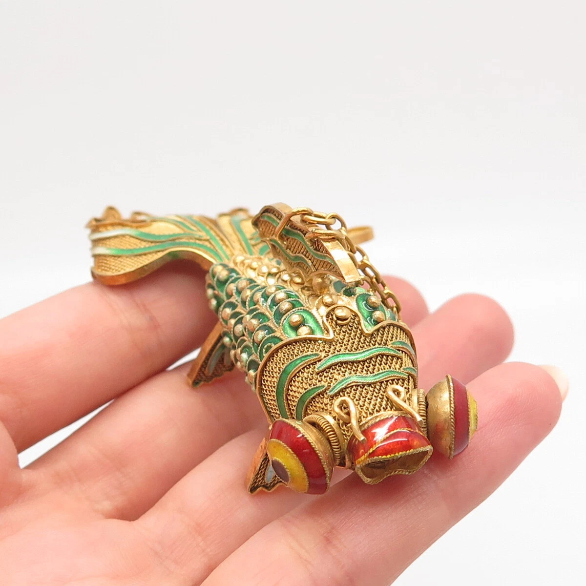 925 Sterling Silver Gold Plated Enamel Antique Chinese Koi Fish Chatelaine Fob
