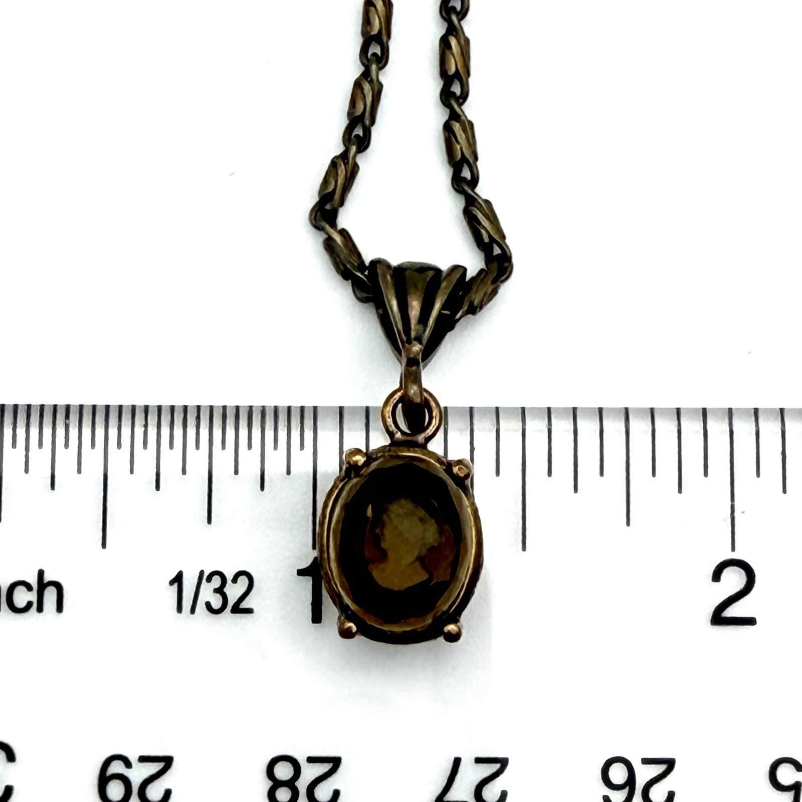 Extasia Signed EXT Vintage Style Bronze Fob Pendant Necklace Smoky Brown Glass