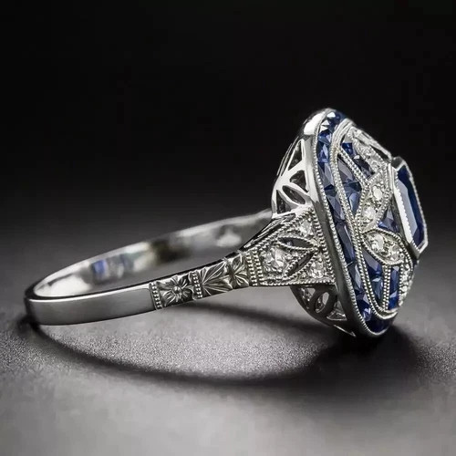 Classic Art Deco Style Emerald Lab Created Diamond 925 Silver Engagement Ring